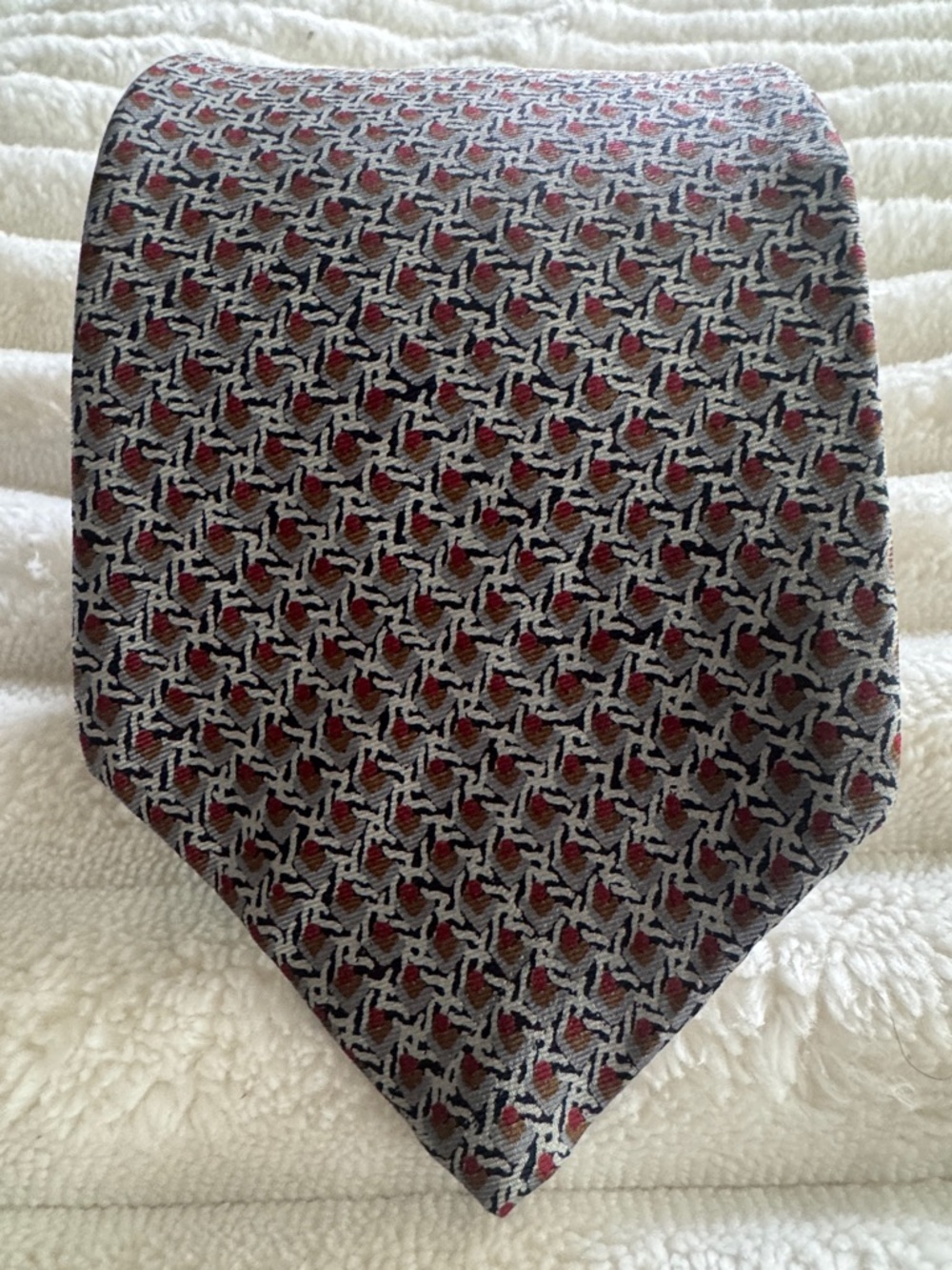 Vintage Lanvin Men's Silk Tie in Red, Gray and Black Geometric Print